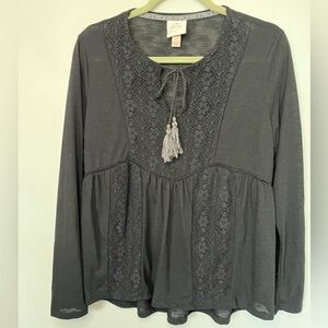 Knox Rose Hippie Boho Black Lace Detail Women's Long Sleeve Top Shirt Size L